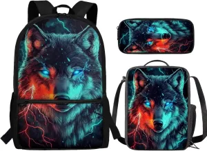 Cool Wolf Backpacks Set with Insulated Lunch Box Pencil Case for Teenage Boys 17 Inch Bookbag Cute School Bags 3 pcs/set