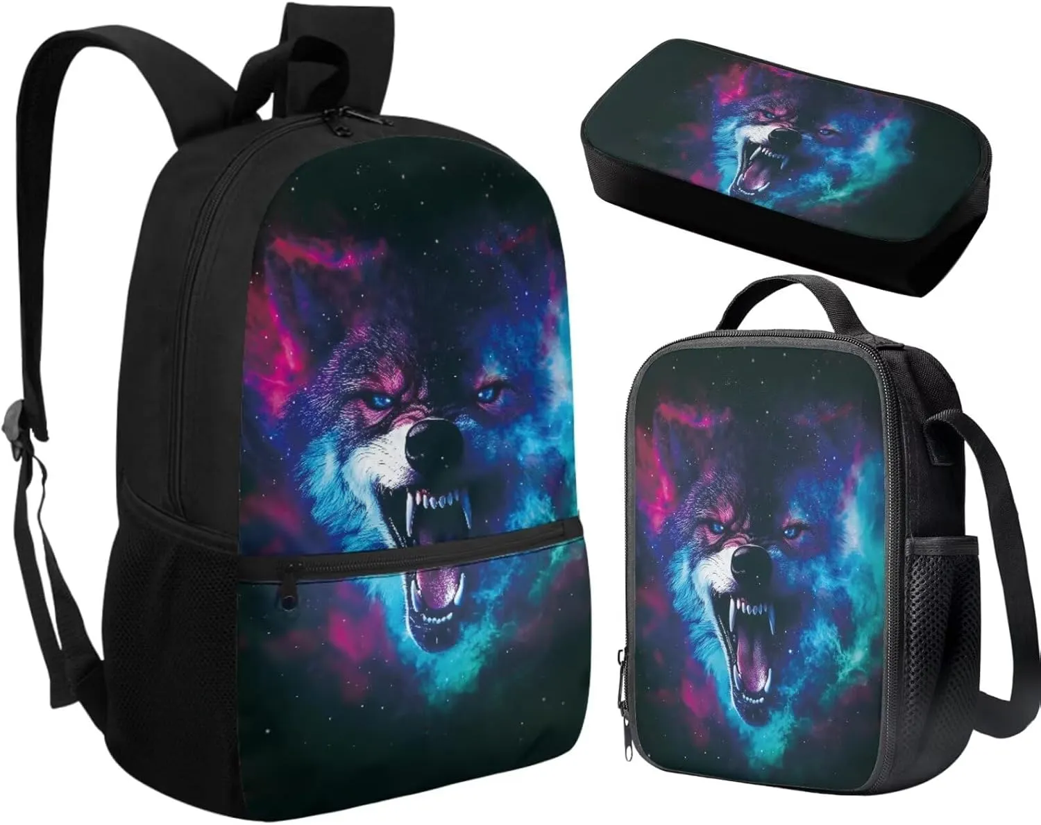 Cool Wolf School Backpacks for Teen Boys Bookbags 3Pcs School Bag Set with Thermal Insulated Lunch Box and Pencil Case