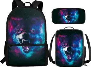 Cool Wolf School Backpacks for Teen Boys Bookbags 3Pcs School Bag Set with Thermal Insulated Lunch Box and Pencil Case