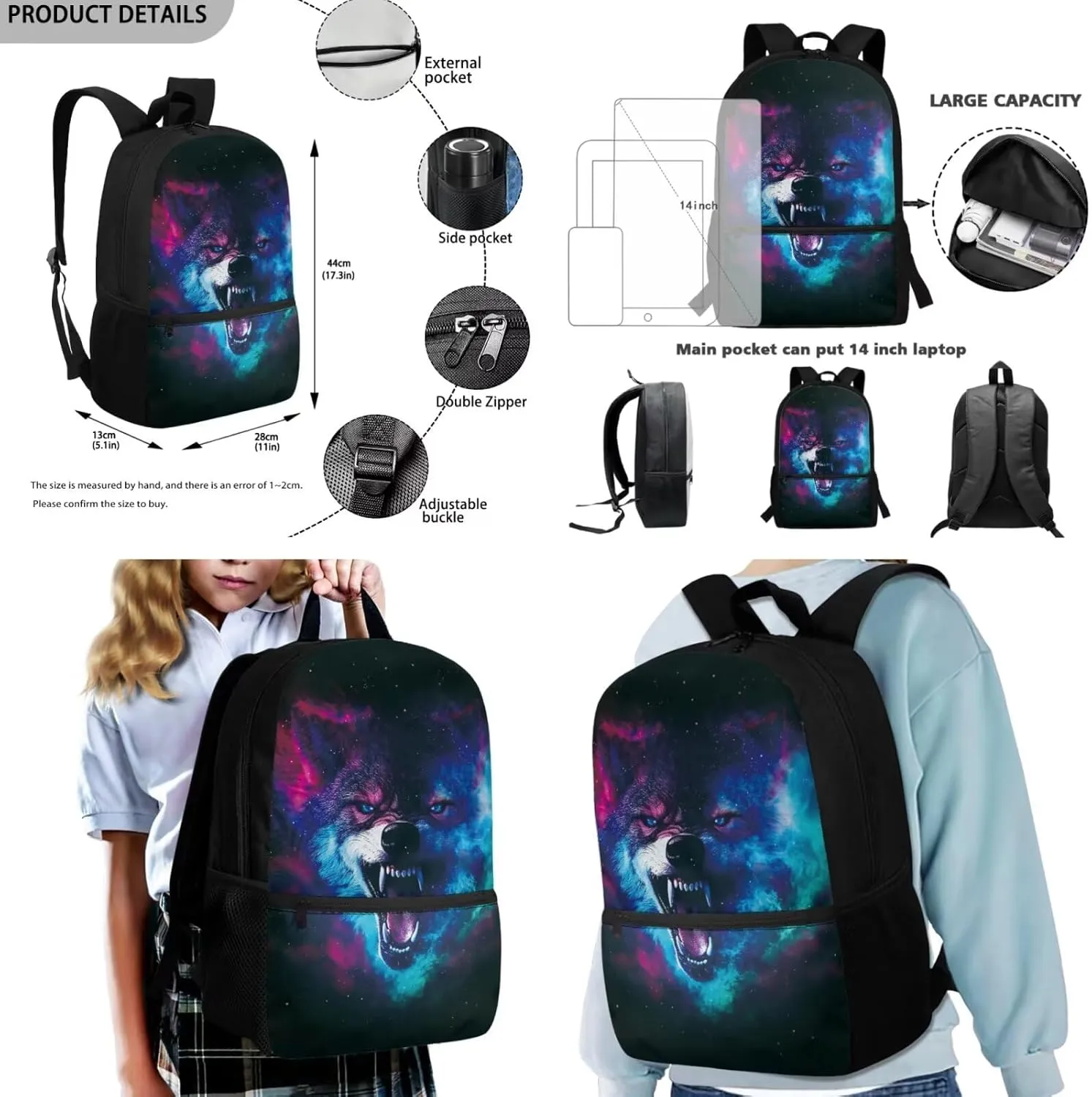 Cool Wolf School Backpacks for Teen Boys Bookbags 3Pcs School Bag Set with Thermal Insulated Lunch Box and Pencil Case
