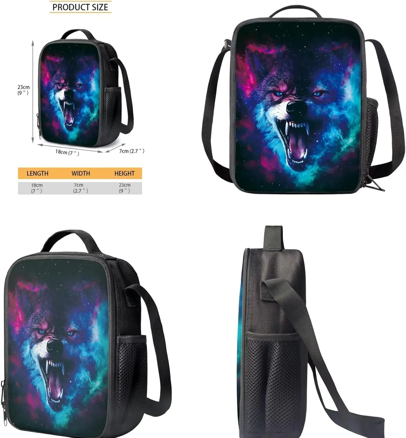 Cool Wolf School Backpacks for Teen Boys Bookbags 3Pcs School Bag Set with Thermal Insulated Lunch Box and Pencil Case