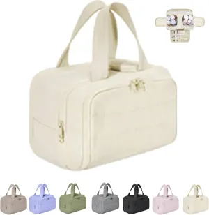 Cureaway Travel Cosmetic Bag, 2025 Cureaway Toiletry Bag with Divider, Large Capacity Wide-Open Travel Makeup Cosmetic Bags for Women (Off-white)