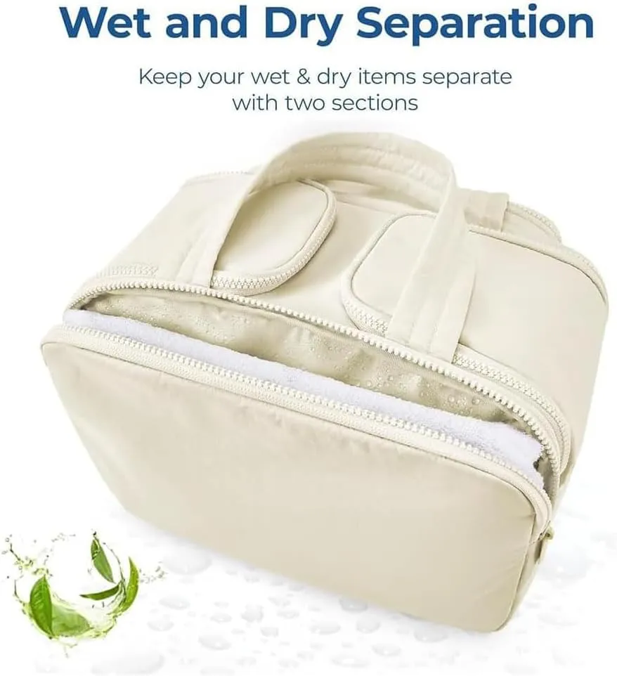 Cureaway Travel Cosmetic Bag, 2025 Cureaway Toiletry Bag with Divider, Large Capacity Wide-Open Travel Makeup Cosmetic Bags for Women (Off-white)