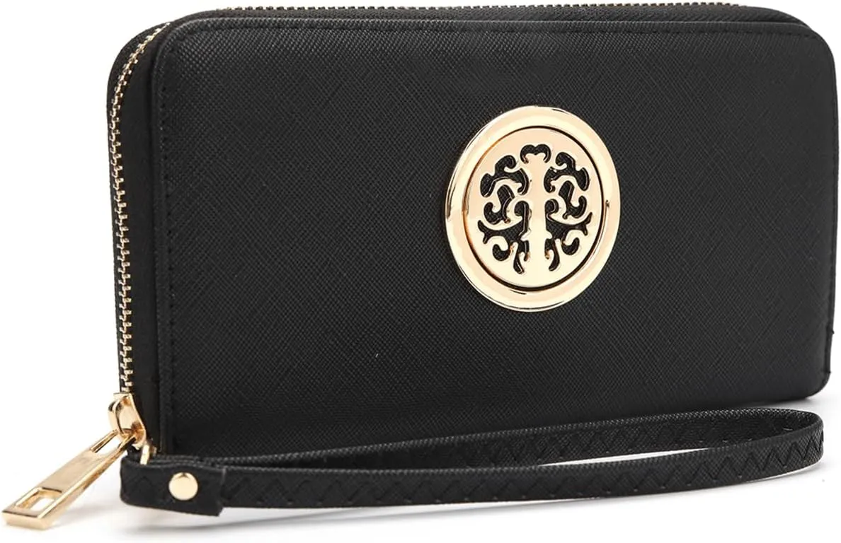 Dasein Woman Wallet Purse Zip Around Clutch Bag Phone Case with Wrist Strap Multiple Card Holders(Black)