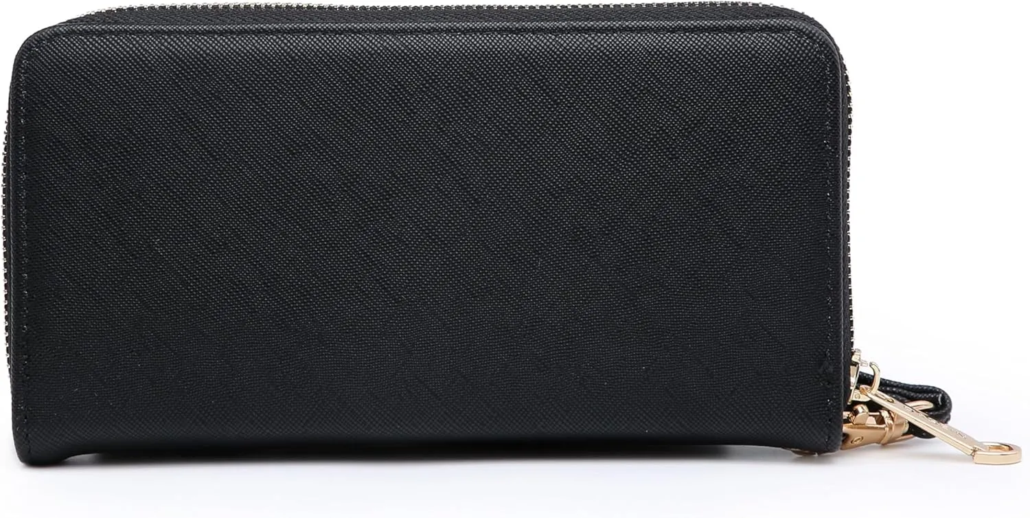 Dasein Woman Wallet Purse Zip Around Clutch Bag Phone Case with Wrist Strap Multiple Card Holders(Black)