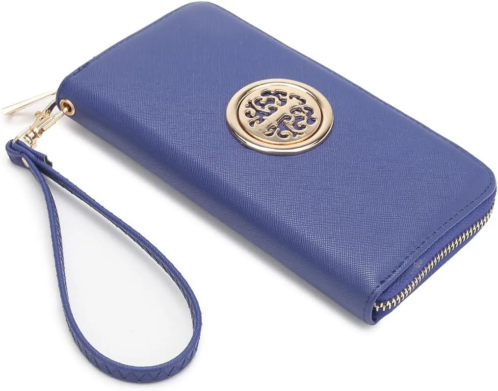 Dasein Woman Wallet Purse Zip Around Clutch Bag Phone Case with Wrist Strap Multiple Card Holders(Blue)