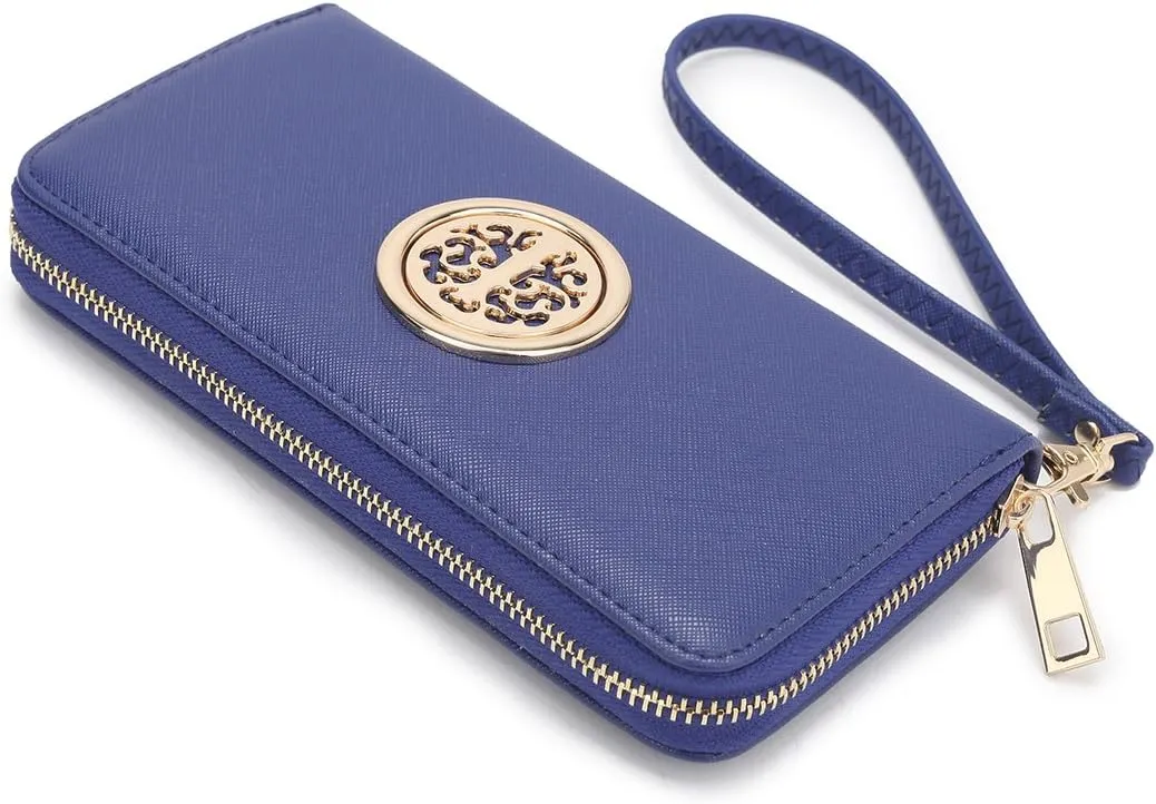 Dasein Woman Wallet Purse Zip Around Clutch Bag Phone Case with Wrist Strap Multiple Card Holders(Blue)
