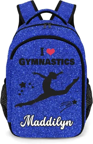 Deven Blue Glitter Gymnastics Personalized Casual Backpack,Primary School Bags Middle School Book Bags Laptop Daypack for Boy Girl Child Teen