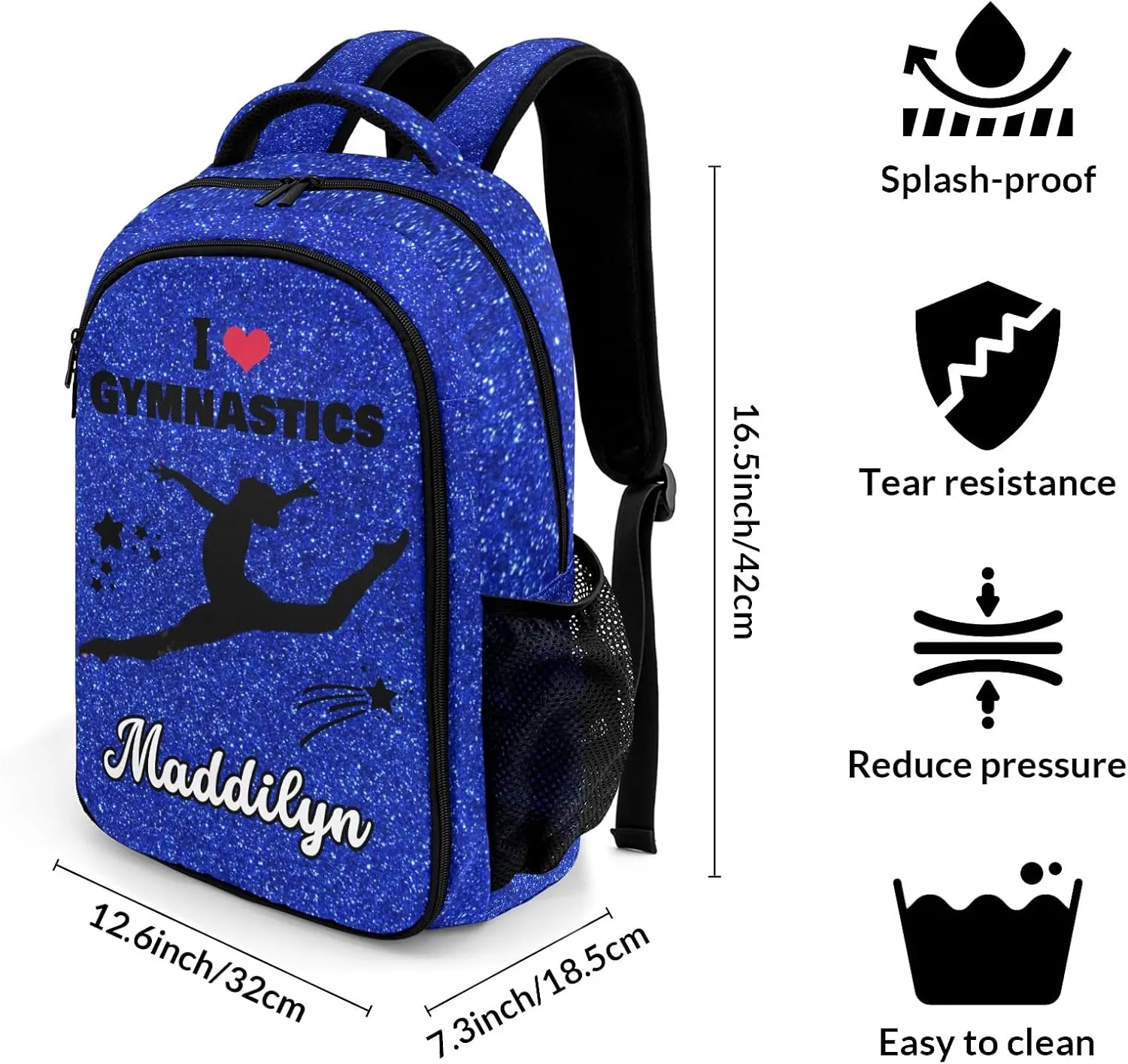 Deven Blue Glitter Gymnastics Personalized Casual Backpack,Primary School Bags Middle School Book Bags Laptop Daypack for Boy Girl Child Teen