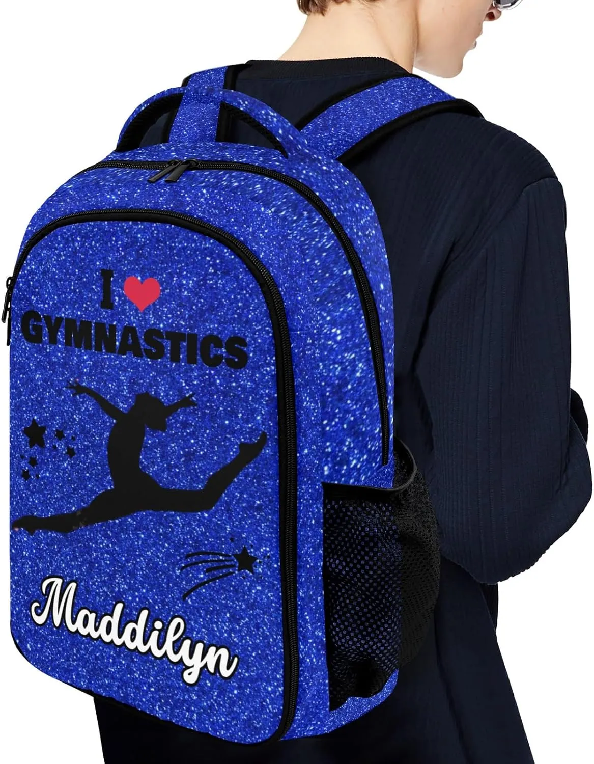 Deven Blue Glitter Gymnastics Personalized Casual Backpack,Primary School Bags Middle School Book Bags Laptop Daypack for Boy Girl Child Teen