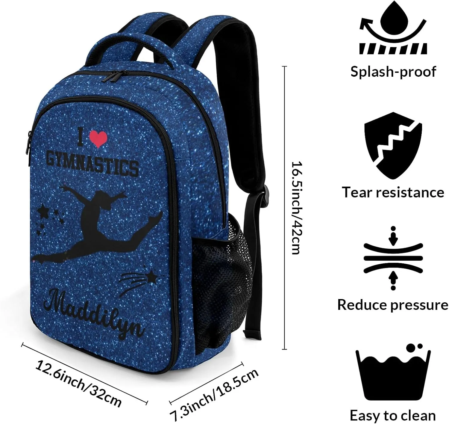 Deven Dark Blue Glitter GYMNASTICS Personalized Casual Backpack,Primary School Bags Middle School Book Bags Laptop Daypack for Boy Girl Child Teen