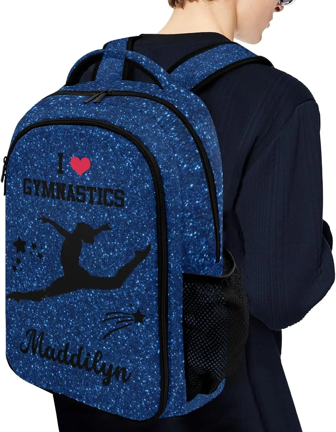 Deven Dark Blue Glitter GYMNASTICS Personalized Casual Backpack,Primary School Bags Middle School Book Bags Laptop Daypack for Boy Girl Child Teen