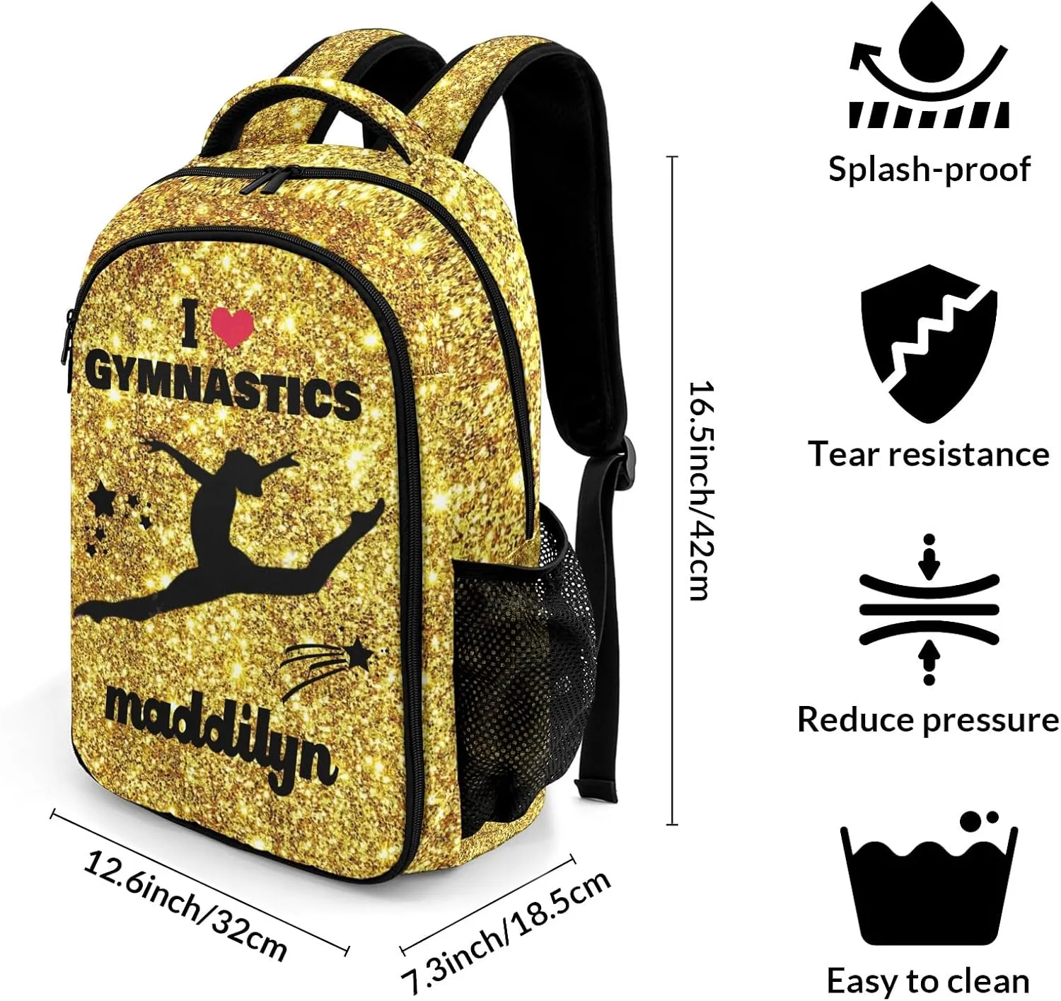 Deven Golden Glitter Bling Personalized Casual Backpack,Primary School Bags Middle School Book Bags Laptop Daypack for Boy Girl Child Teen
