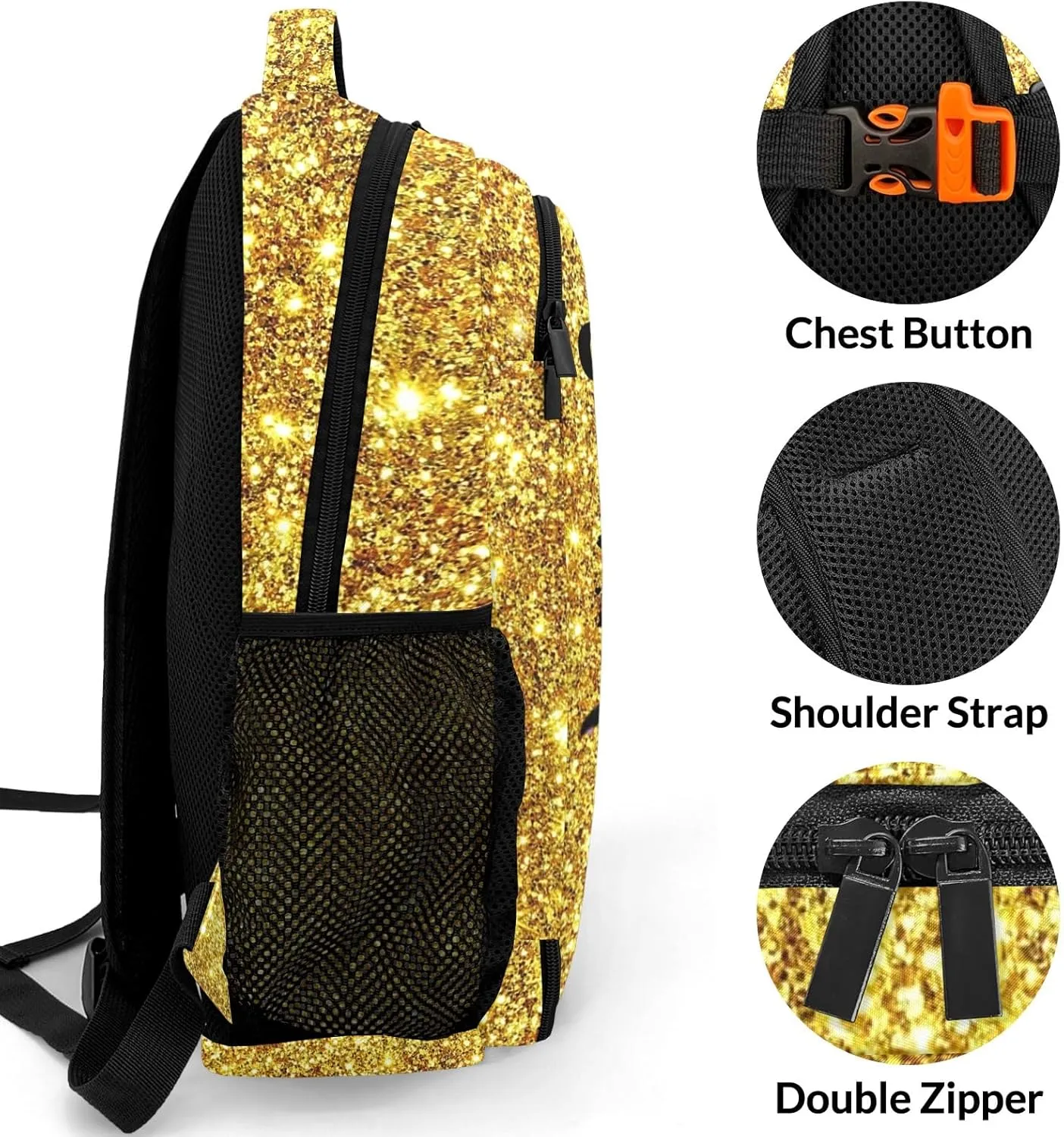 Deven Golden Glitter Bling Personalized Casual Backpack,Primary School Bags Middle School Book Bags Laptop Daypack for Boy Girl Child Teen