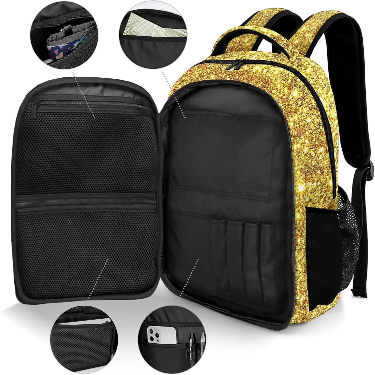 Deven Golden Glitter Bling Personalized Casual Backpack,Primary School Bags Middle School Book Bags Laptop Daypack for Boy Girl Child Teen