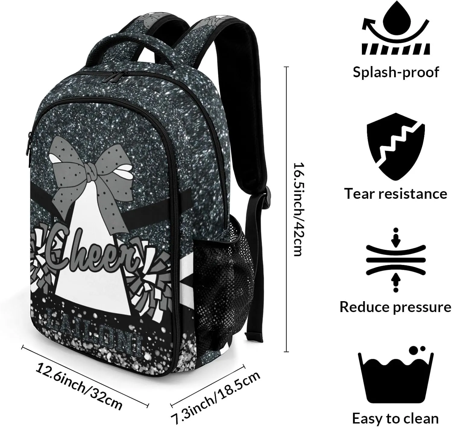 Deven Gray Cheer Glitter Personalized Casual Backpack,Primary School Bags Middle School Book Bags Laptop Daypack for Boy Girl Child Teen