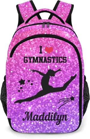 Deven Pink Violet Glitter GYMNASTICS Personalized Casual Backpack,Primary School Bags Middle School Book Bags Laptop Daypack for Boy Girl Child Teen