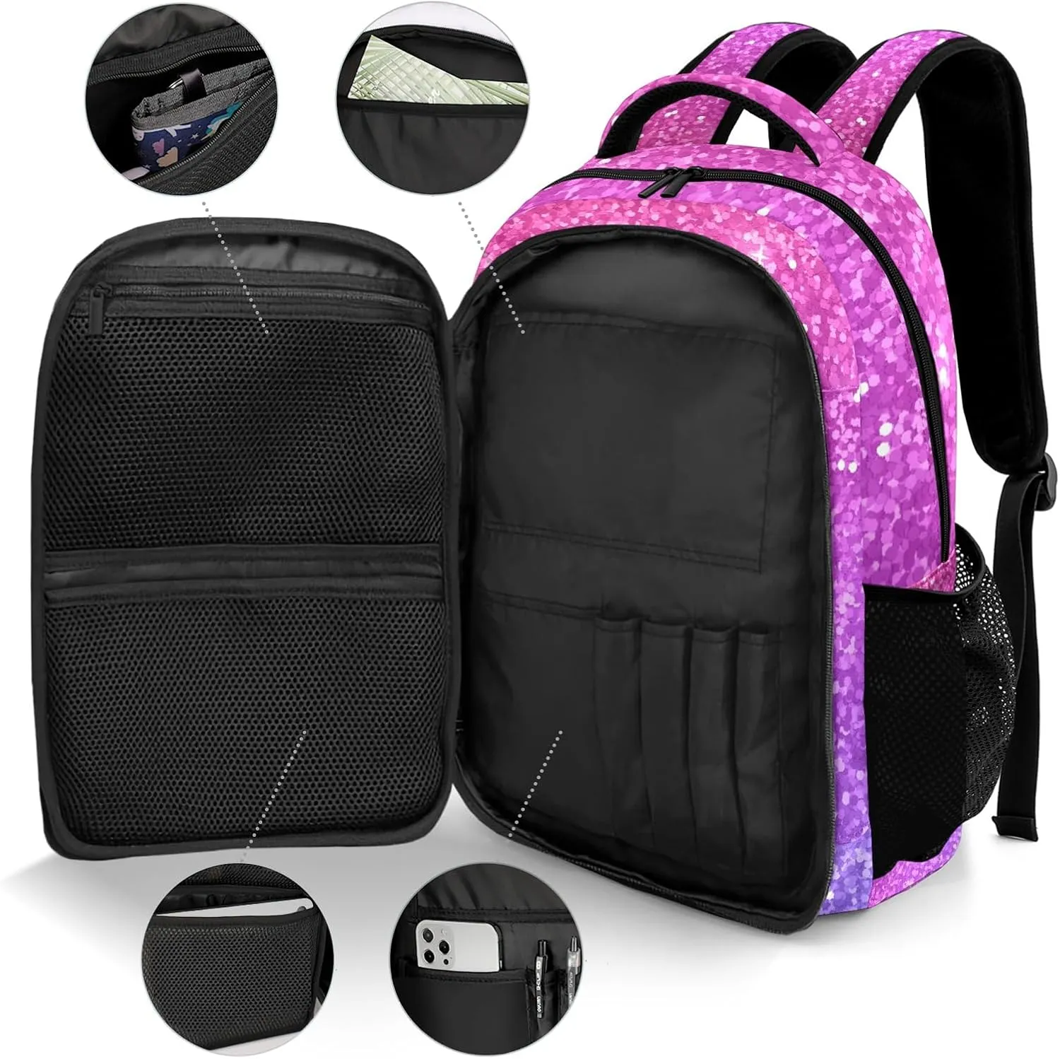Deven Pink Violet Glitter GYMNASTICS Personalized Casual Backpack,Primary School Bags Middle School Book Bags Laptop Daypack for Boy Girl Child Teen