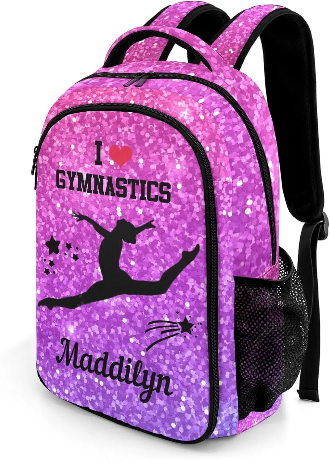 Deven Pink Violet Glitter GYMNASTICS Personalized Casual Backpack,Primary School Bags Middle School Book Bags Laptop Daypack for Boy Girl Child Teen