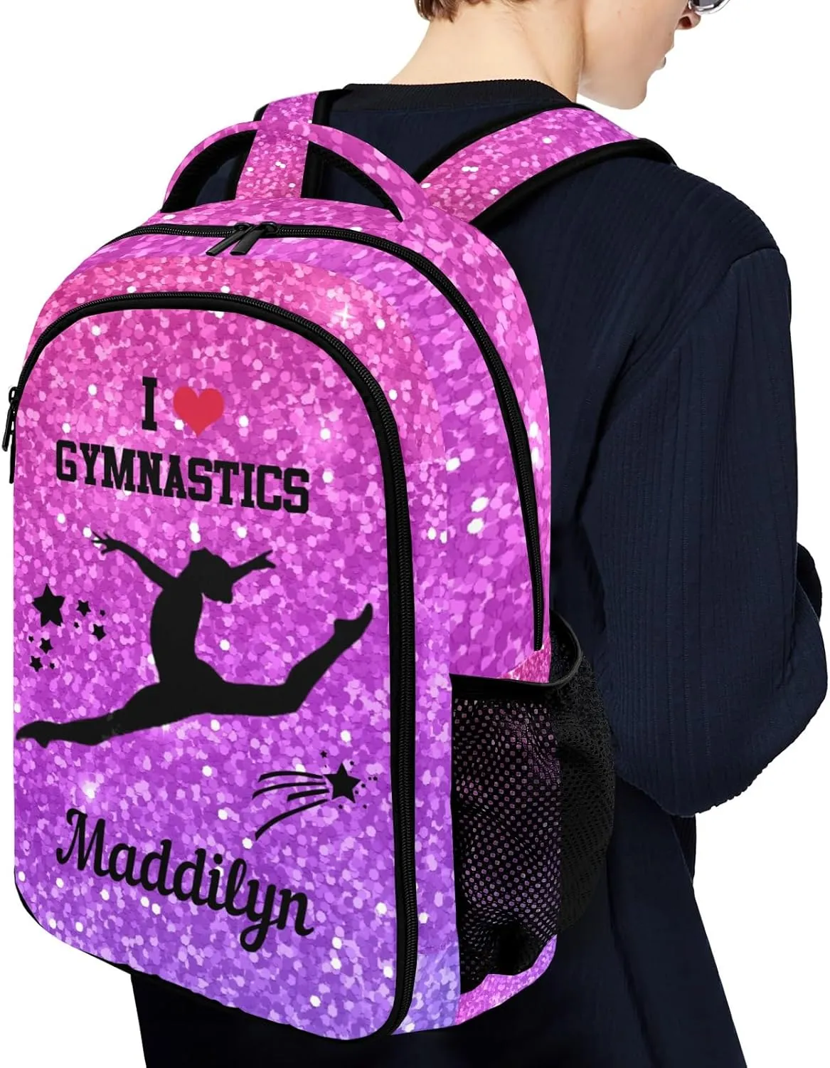 Deven Pink Violet Glitter GYMNASTICS Personalized Casual Backpack,Primary School Bags Middle School Book Bags Laptop Daypack for Boy Girl Child Teen