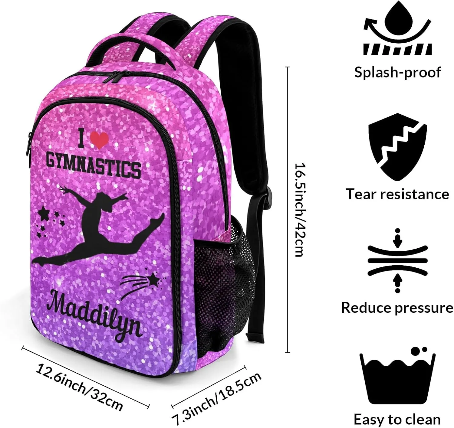 Deven Pink Violet Glitter GYMNASTICS Personalized Casual Backpack,Primary School Bags Middle School Book Bags Laptop Daypack for Boy Girl Child Teen