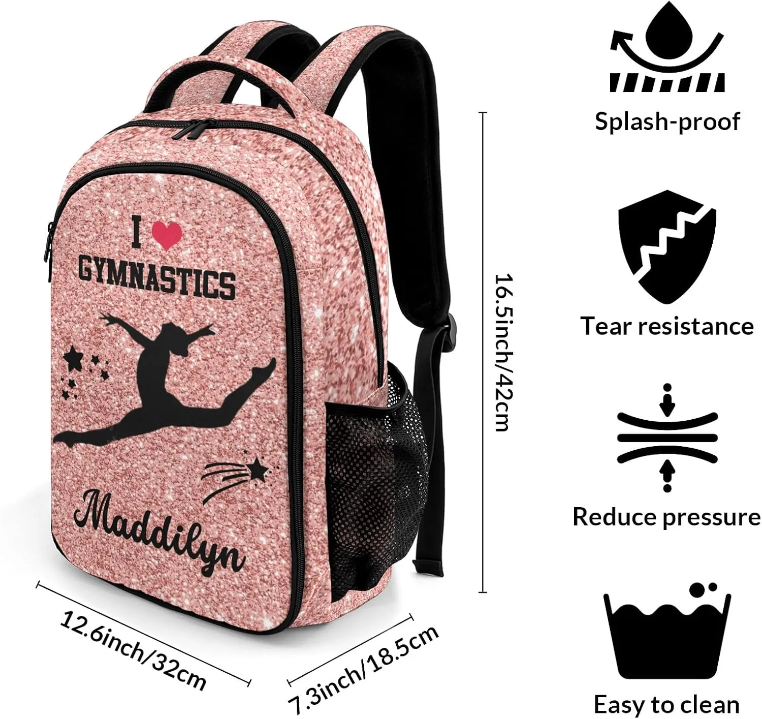 Deven Rose Gold Glitter GYMNASTICS Personalized Casual Backpack,Primary School Bags Middle School Book Bags Laptop Daypack for Boy Girl Child Teen
