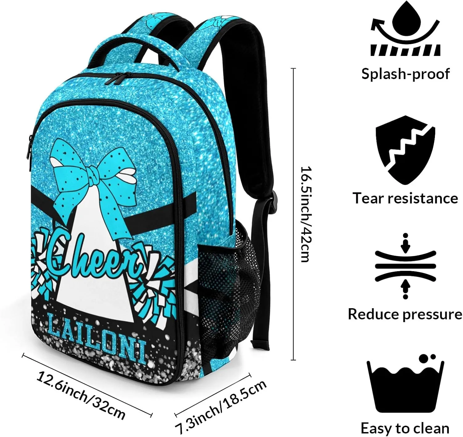 Deven Sky Blue Cheer Glitter Personalized Casual Backpack,Primary School Bags Middle School Book Bags Laptop Daypack for Boy Girl Child Teen