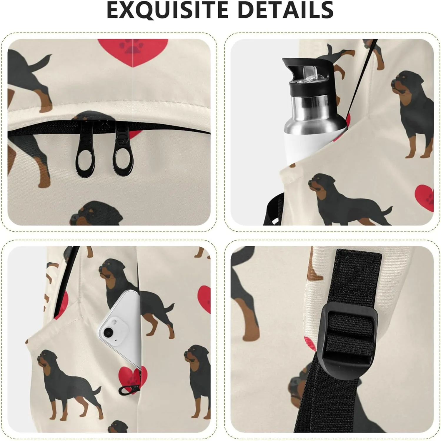 Dog Rottweiler Hearts Valentines Laptop Backpack Travel Hiking Camping Work Computer Back Packs Book Bags for Women Men