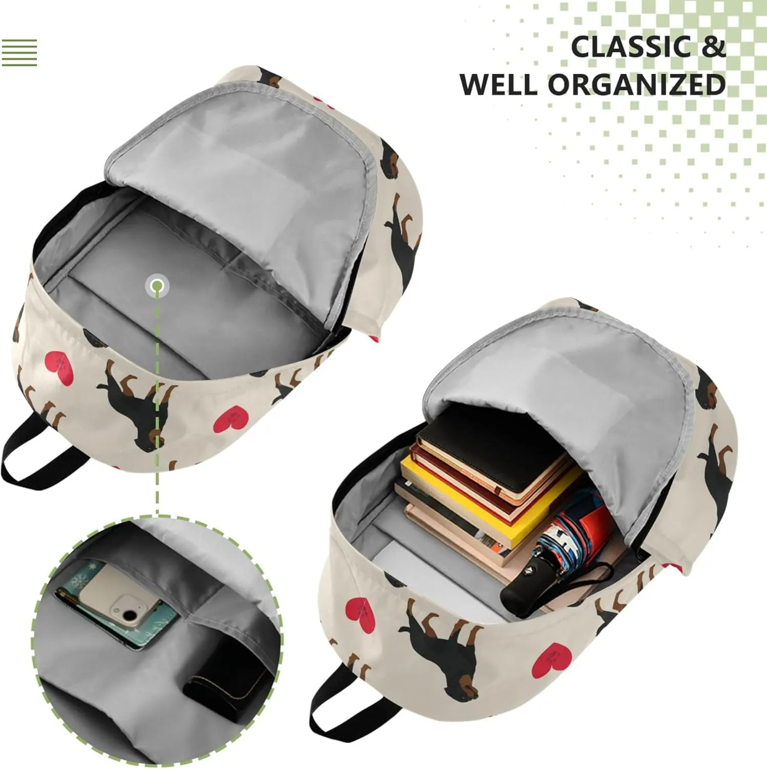 Dog Rottweiler Hearts Valentines Laptop Backpack Travel Hiking Camping Work Computer Back Packs Book Bags for Women Men