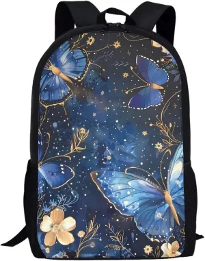Dolyues Blue Butterfly 17 inch Kids Backpack for School Bookbag Satchel Girls Book Bags Children Boys Backpacks Travel Bag Daypack Rucksack