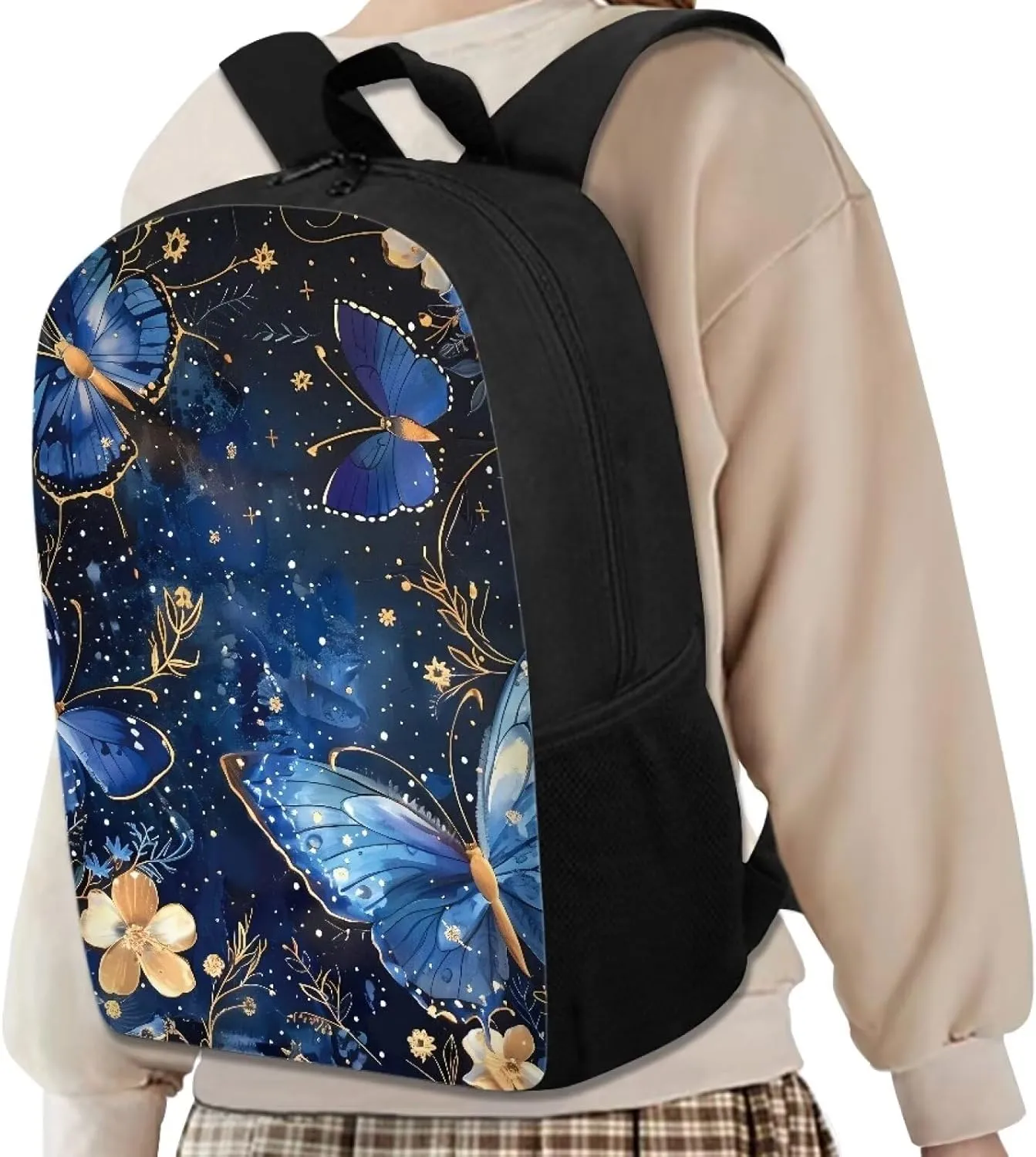 Dolyues Blue Butterfly 17 inch Kids Backpack for School Bookbag Satchel Girls Book Bags Children Boys Backpacks Travel Bag Daypack Rucksack