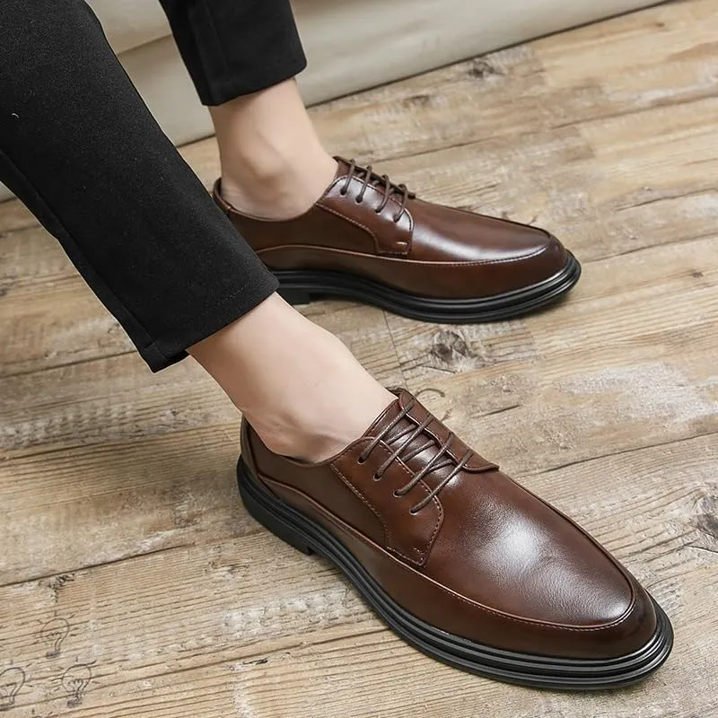 Dress Oxford Shoes for Men Lace Up Round Toe Vegan Leather Apron Toe Derby Shoes Non Slip Resistant Low Top Anti-Slip Wedding(Brown,10.5)