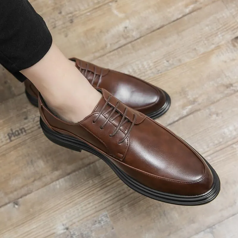 Dress Oxford Shoes for Men Lace Up Round Toe Vegan Leather Apron Toe Derby Shoes Non Slip Resistant Low Top Anti-Slip Wedding(Brown,10.5)