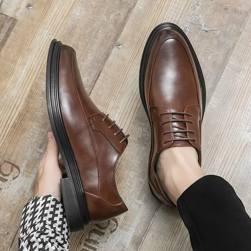 Dress Oxford Shoes for Men Lace Up Round Toe Vegan Leather Apron Toe Derby Shoes Non Slip Resistant Low Top Anti-Slip Wedding(Brown,10.5)