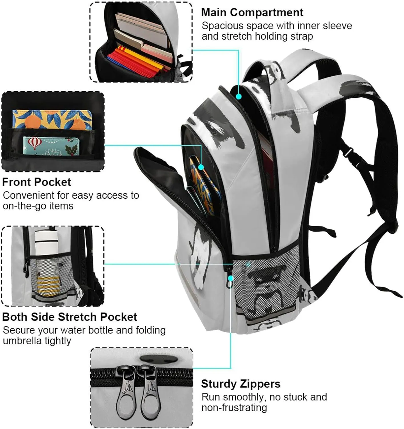 Eionryn Schnauzer Puppy Dog Backpack Pug Animals Laptop Backpacks Book Bags Water Resistant Daypack Durable College Shoulder Bag Sports Travel Day Pack
