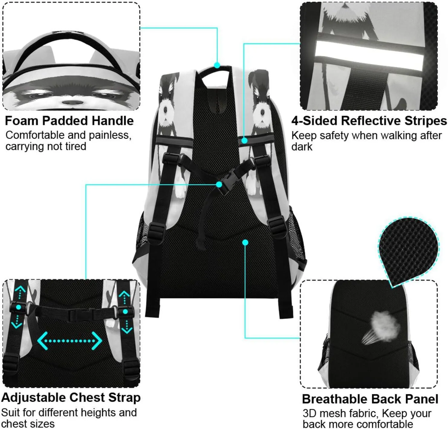 Eionryn Schnauzer Puppy Dog Backpack Pug Animals Laptop Backpacks Book Bags Water Resistant Daypack Durable College Shoulder Bag Sports Travel Day Pack
