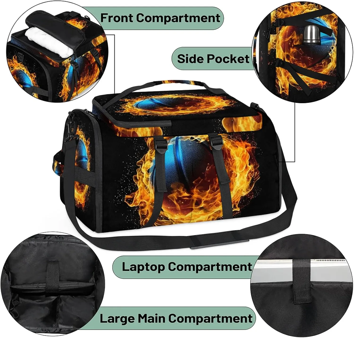 Flame Basketball Gym Bags for Men Women Sports Backpack with Shoe Compartment 3-in-1 Tactical Duffle Bag for Overnight Weekender Travel