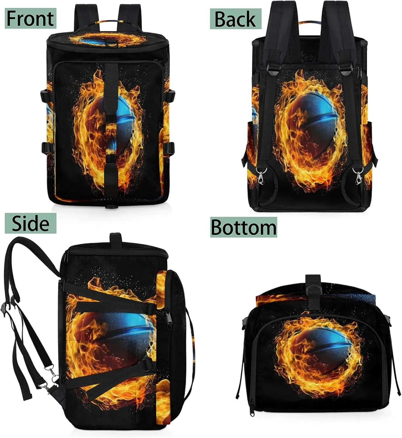 Flame Basketball Gym Bags for Men Women Sports Backpack with Shoe Compartment 3-in-1 Tactical Duffle Bag for Overnight Weekender Travel