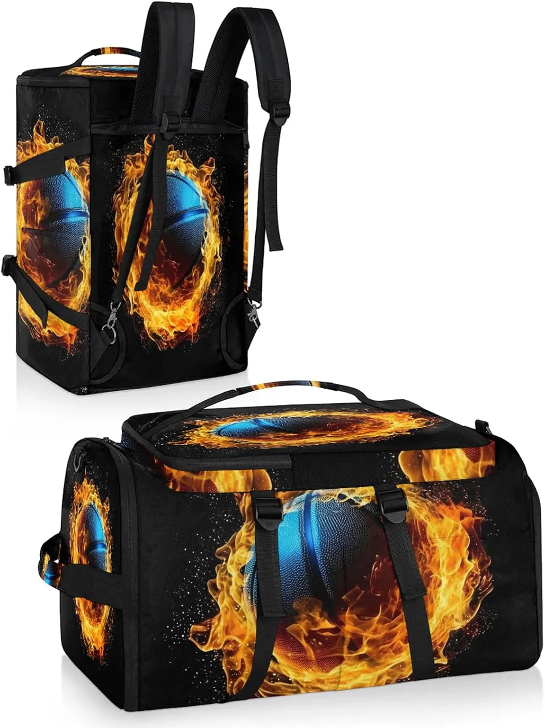 Flame Basketball Gym Bags for Men Women Sports Backpack with Shoe Compartment 3-in-1 Tactical Duffle Bag for Overnight Weekender Travel