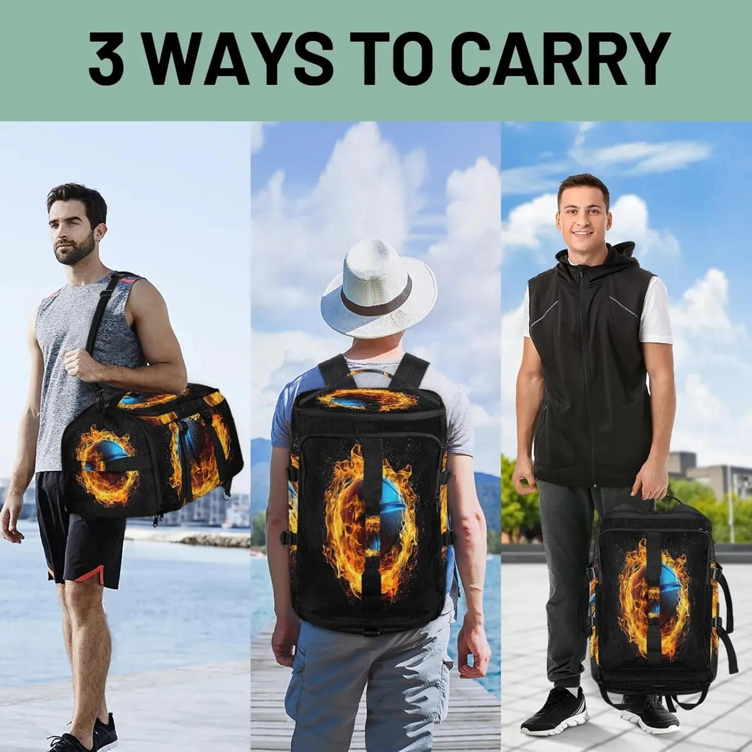 Flame Basketball Gym Bags for Men Women Sports Backpack with Shoe Compartment 3-in-1 Tactical Duffle Bag for Overnight Weekender Travel
