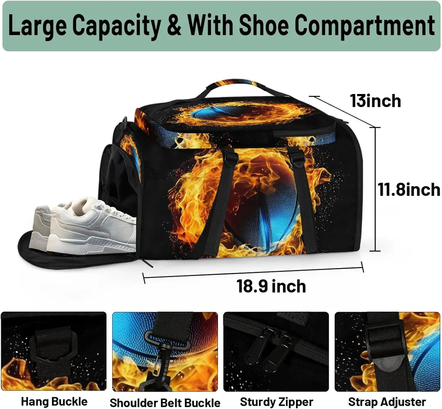 Flame Basketball Gym Bags for Men Women Sports Backpack with Shoe Compartment 3-in-1 Tactical Duffle Bag for Overnight Weekender Travel
