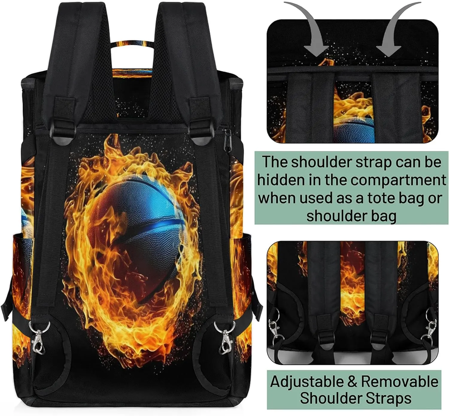 Flame Basketball Gym Bags for Men Women Sports Backpack with Shoe Compartment 3-in-1 Tactical Duffle Bag for Overnight Weekender Travel