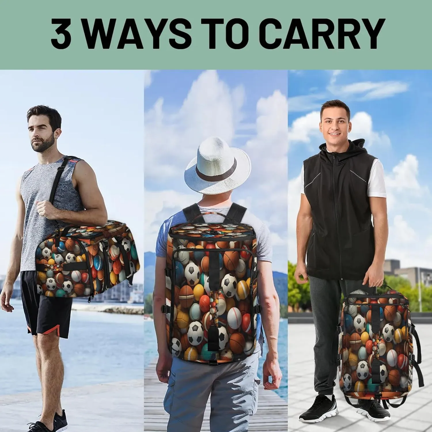 Football Basketball Volleyball Gym Bags for Men Women Sports Backpack with Shoe Compartment 3-in-1 Tactical Duffle Bag for Overnight Weekender Travel