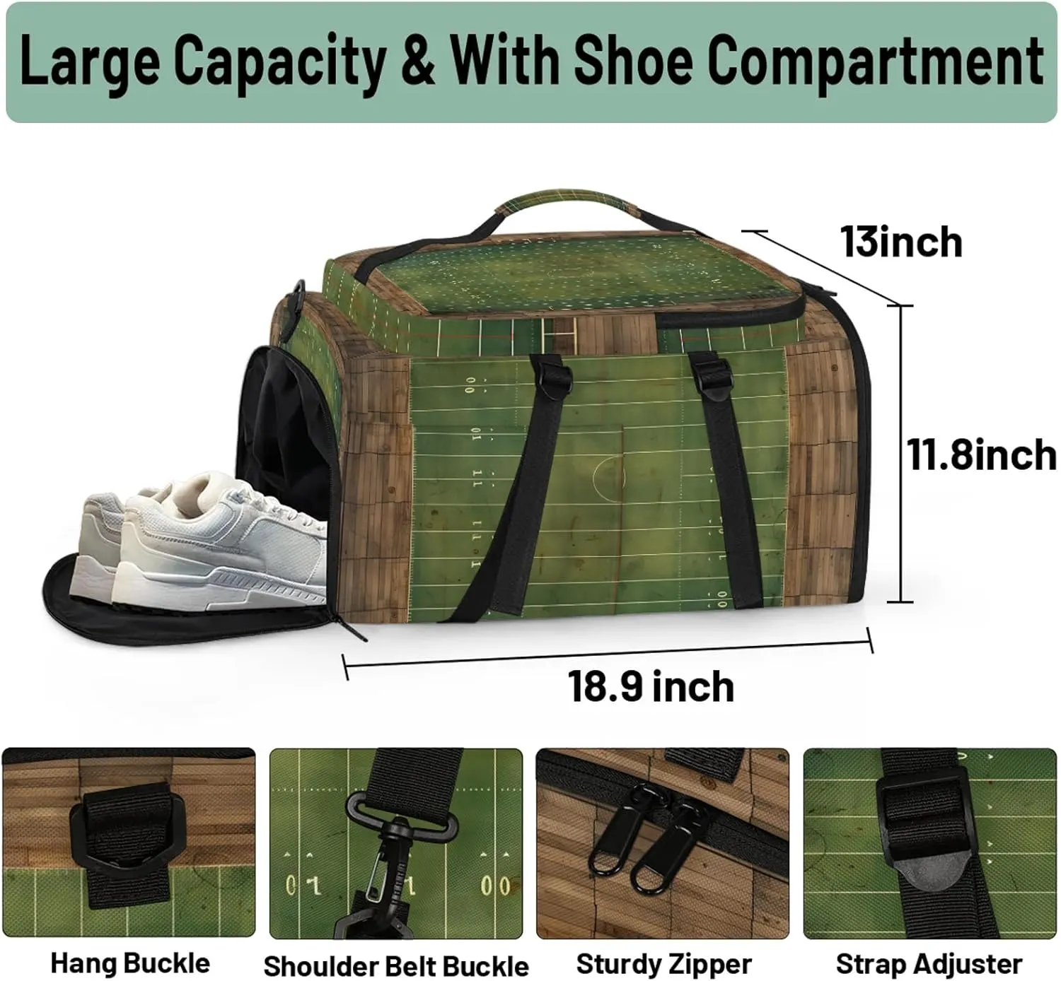 Football Field Print Gym Bags for Men Women Sports Backpack with Shoe Compartment 3-in-1 Tactical Duffle Bag for Overnight Weekender Travel