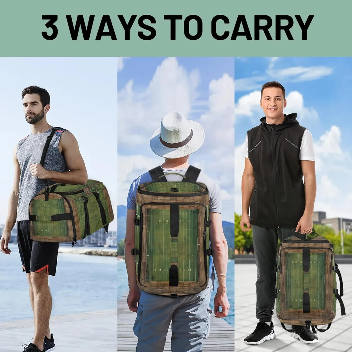 Football Field Print Gym Bags for Men Women Sports Backpack with Shoe Compartment 3-in-1 Tactical Duffle Bag for Overnight Weekender Travel