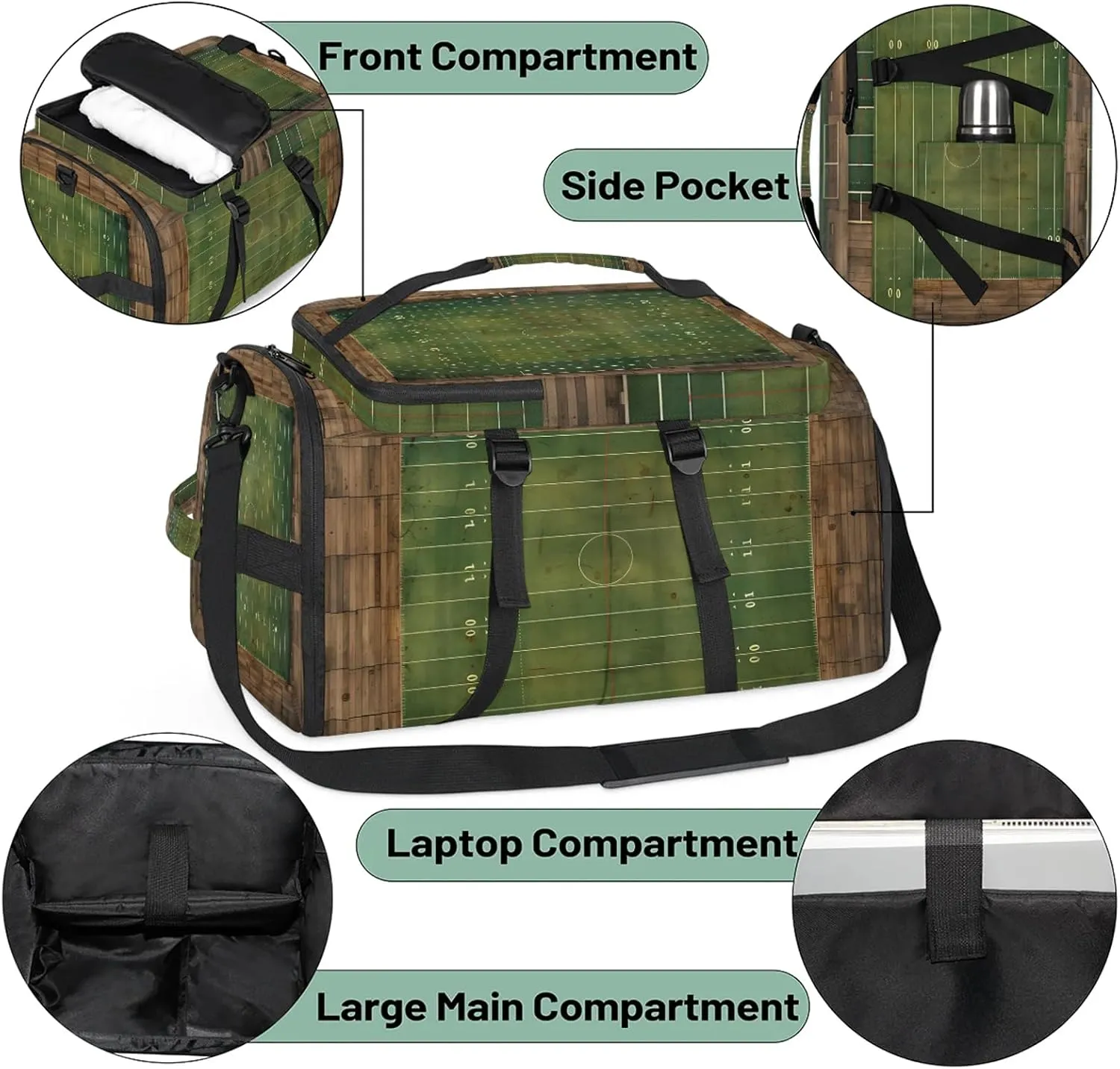 Football Field Print Gym Bags for Men Women Sports Backpack with Shoe Compartment 3-in-1 Tactical Duffle Bag for Overnight Weekender Travel