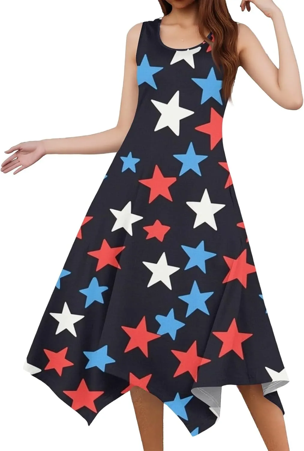 Genderfluid Flag Dress,4Th of July Outfits for Women America Flag Print Midi Dress Women's Casual Round Neck Summer Sundress Irregular Hem 202502-Navy,Medium