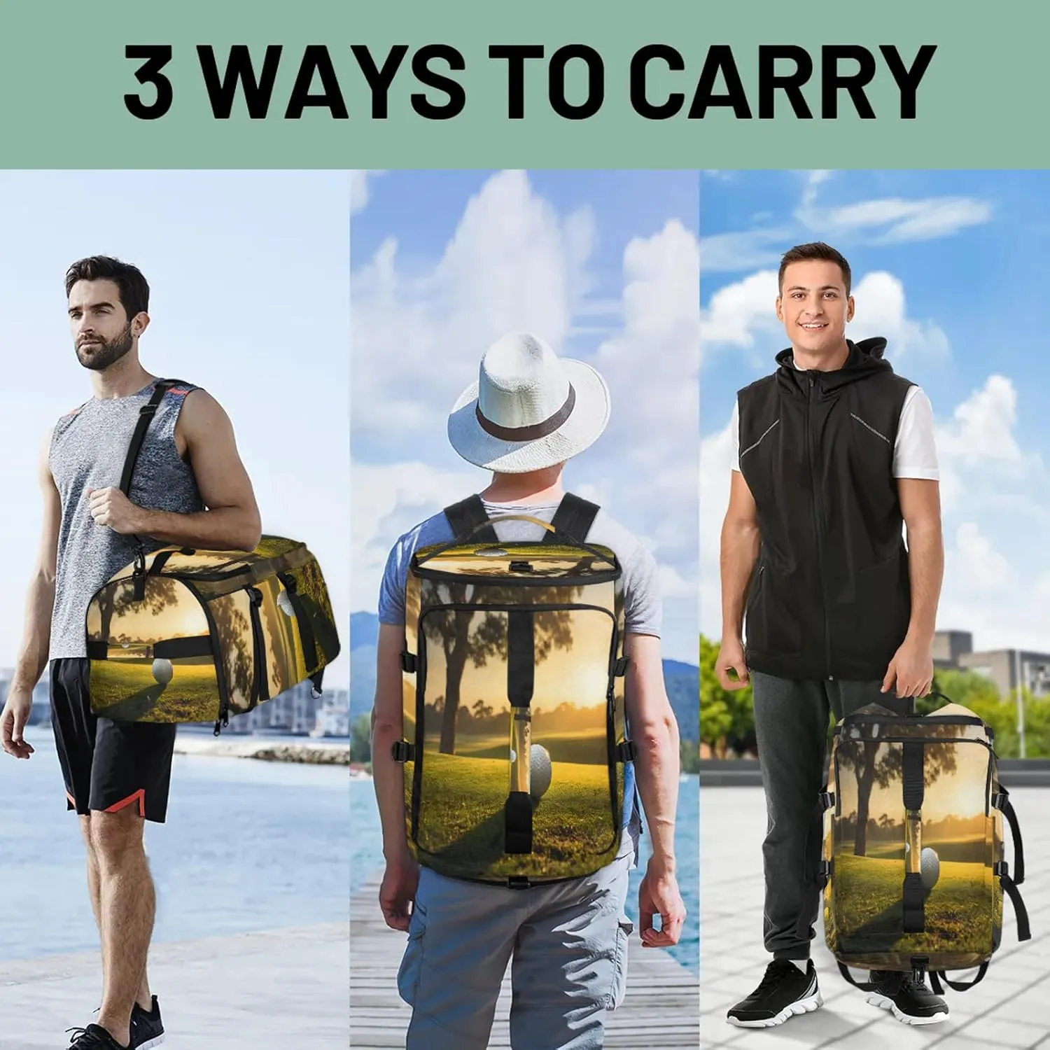 Golf Ball Sunset Gym Bags for Men Women Sports Backpack with Shoe Compartment 3-in-1 Tactical Duffle Bag for Overnight Weekender Travel