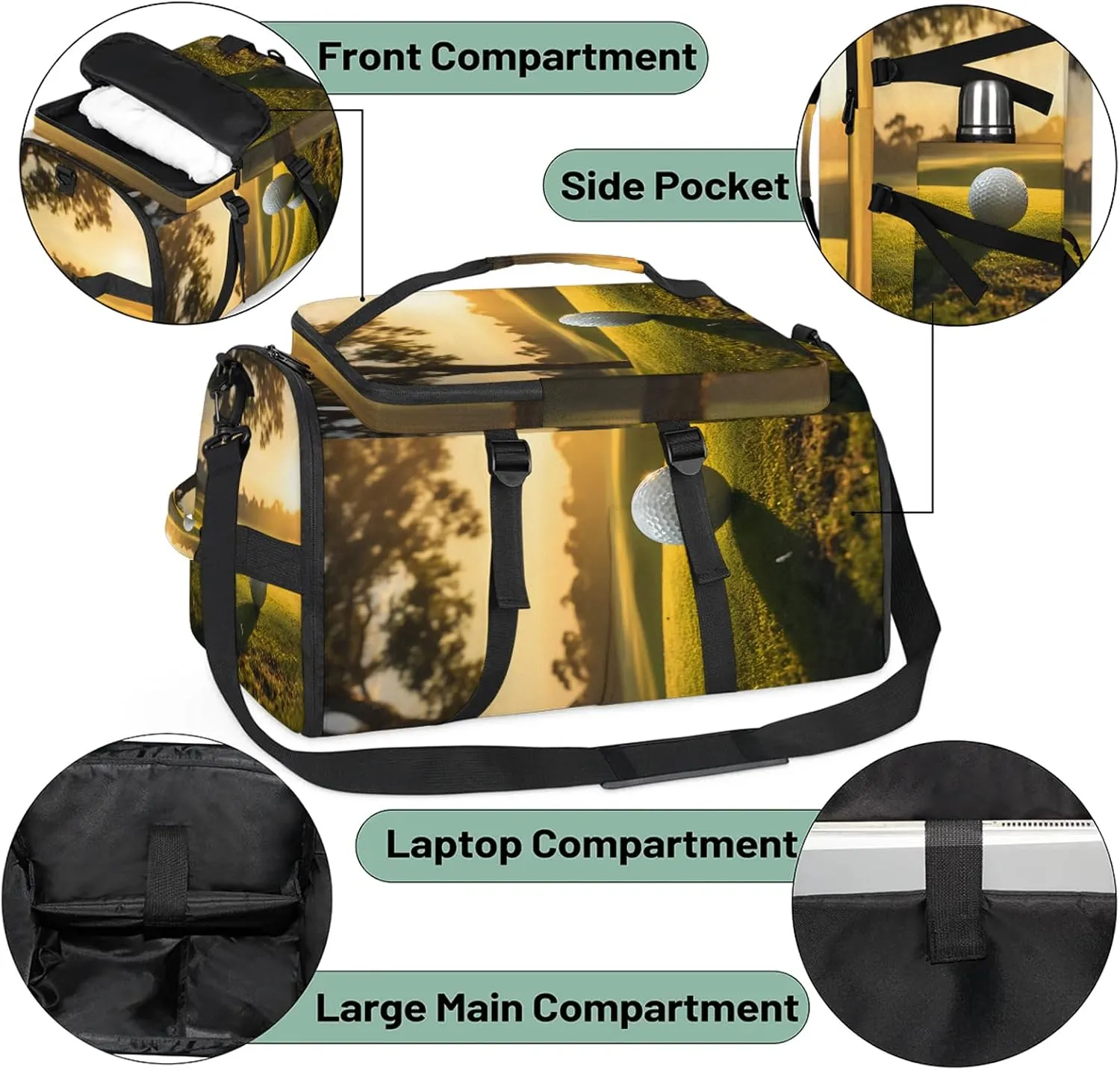 Golf Ball Sunset Gym Bags for Men Women Sports Backpack with Shoe Compartment 3-in-1 Tactical Duffle Bag for Overnight Weekender Travel
