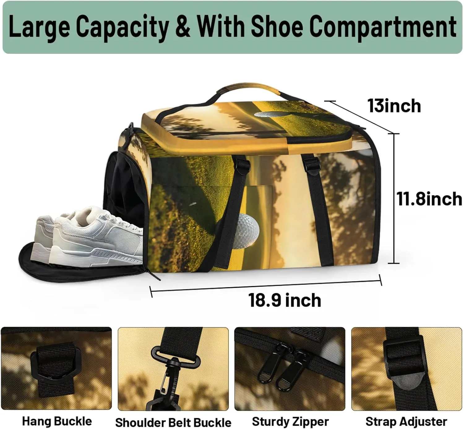 Golf Ball Sunset Gym Bags for Men Women Sports Backpack with Shoe Compartment 3-in-1 Tactical Duffle Bag for Overnight Weekender Travel